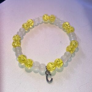 Yellow and White Glass Beaded Bracelet with C Charm